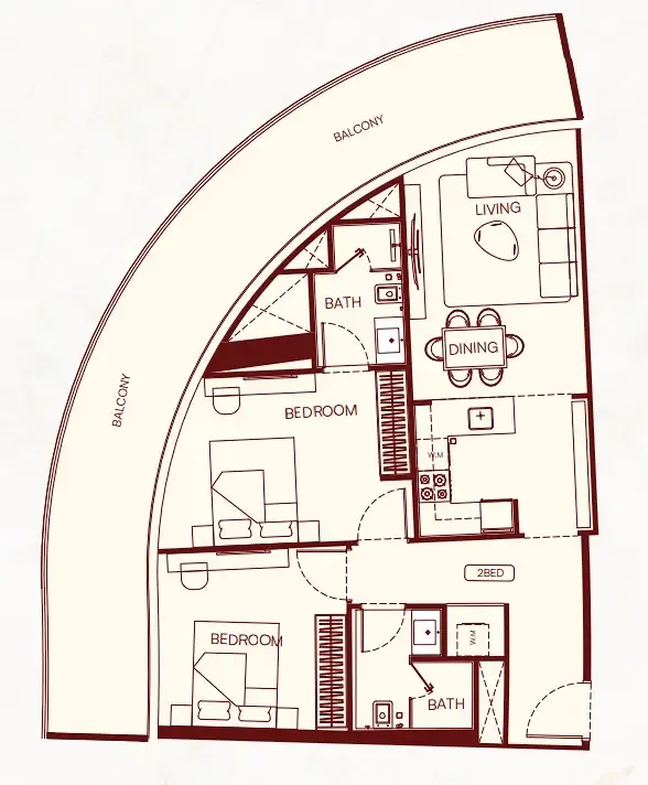 Binghatti Skyflame 2 bed floor plan, 1,212 – 1,254 sqft