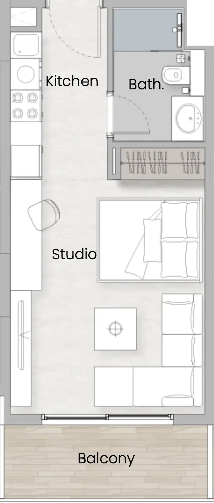 One Beverly Studio floor plan, 390 sqft