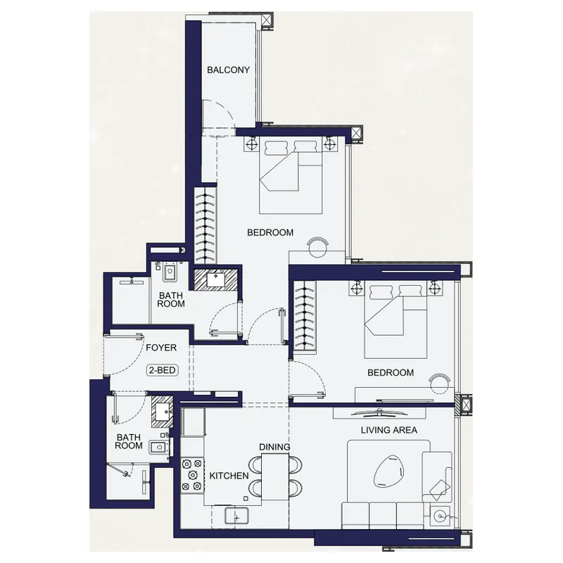 Binghatti Starfall 2 bed floor plan, 855 – 856 sqft