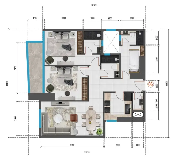 Faradis Tower 2 bed floor plan, 1,180 sqft