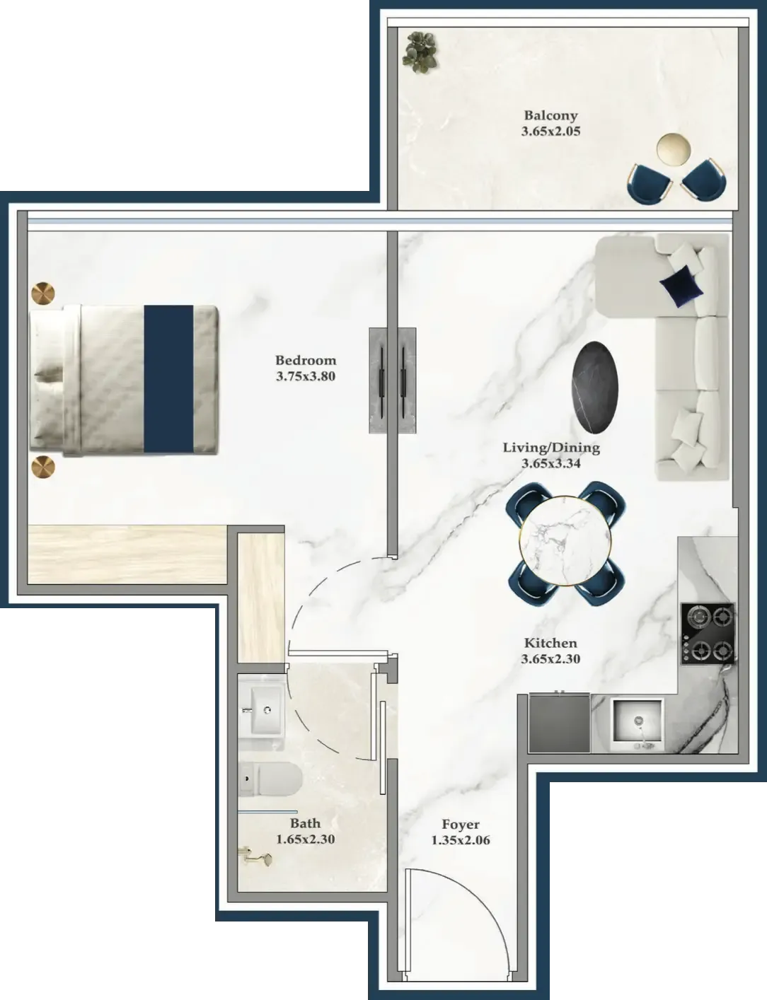 Serenz 1 bed floor plan, 541 – 548 sqft