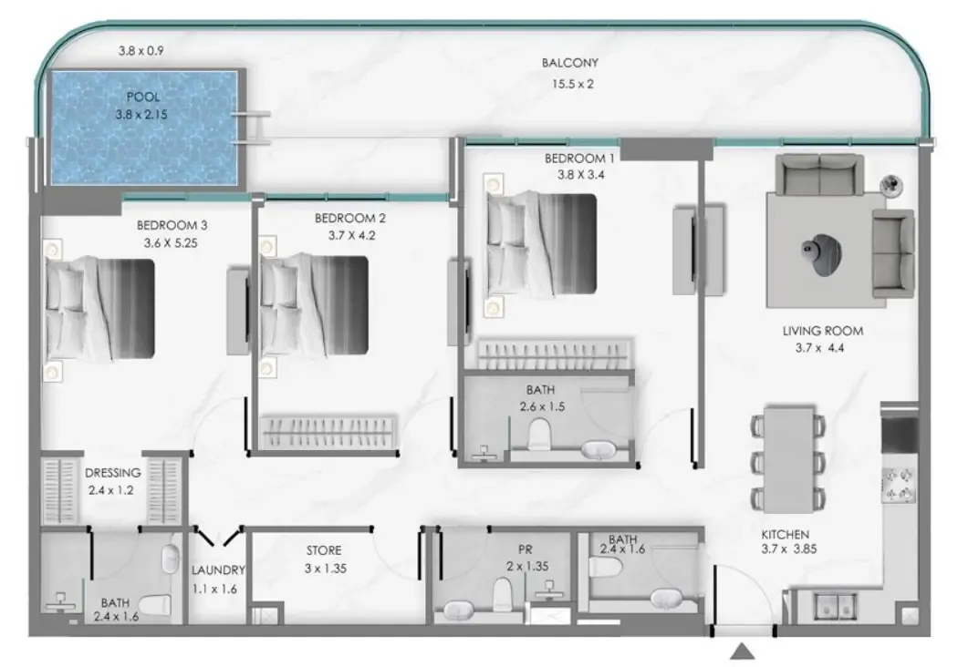 Samana Ocean Bay 3 bed floor plan, 1,706 sqft