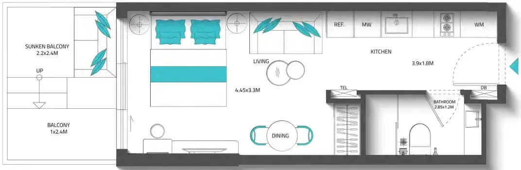 Reef 996 Studio floor plan, 412 – 420 sqft