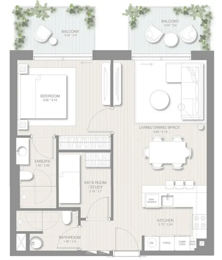 Sol Levante 1 bed floor plan, 843 sqft
