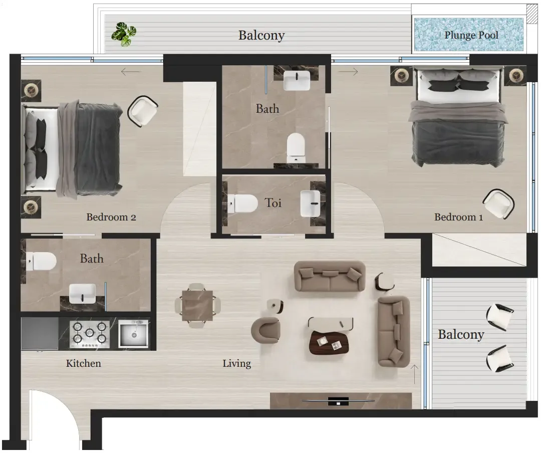 Rijas Suites 2 bed floor plan, 737 sqft