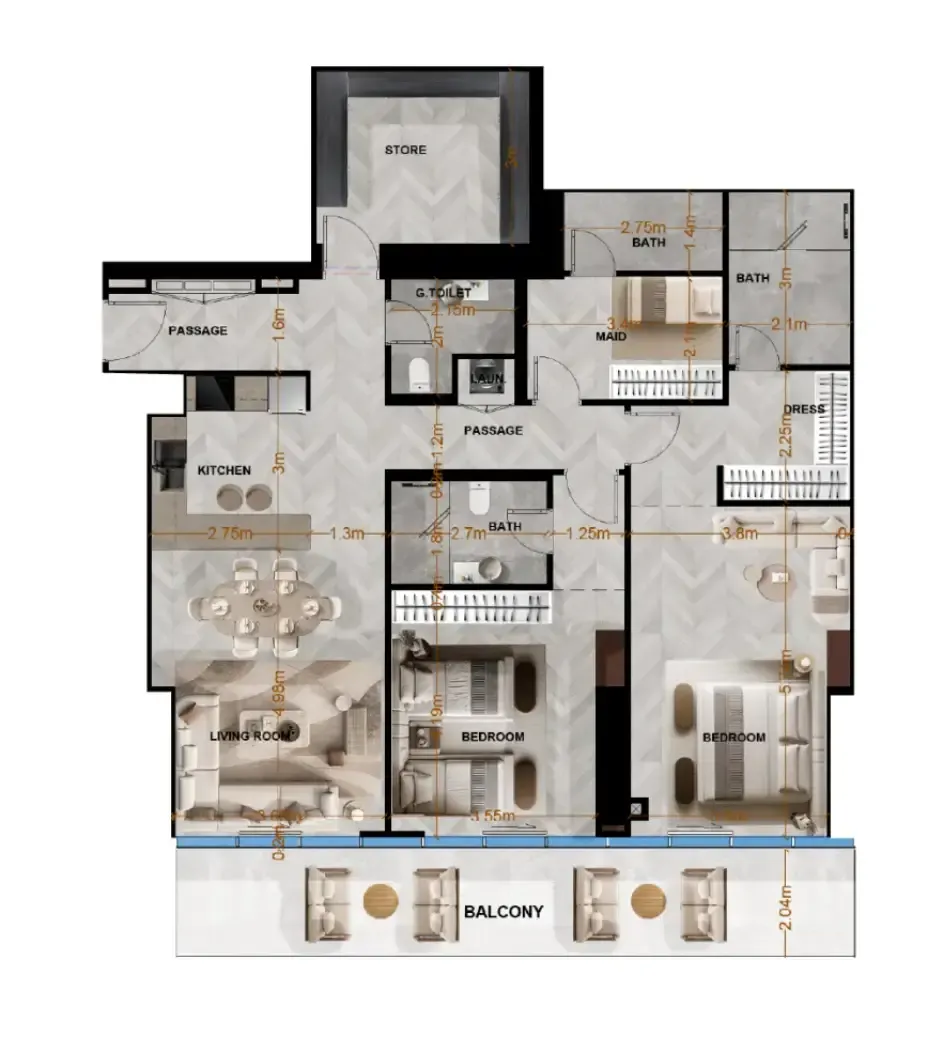 Radiant Terrace 2 bed floor plan, 1,745 sqft