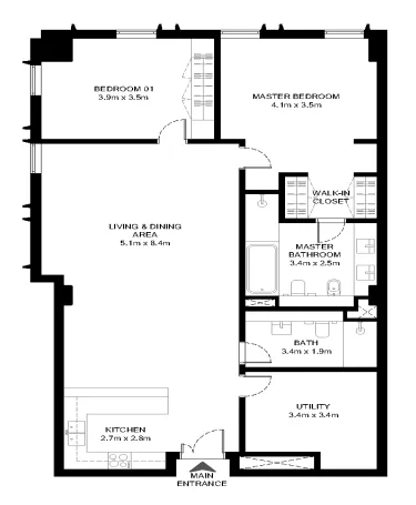 Al Waha 2 bed floor plan, 1,388 sqft
