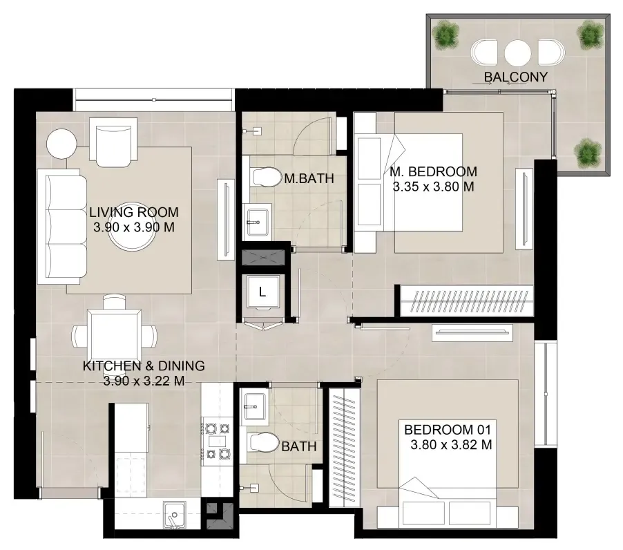 Augusta 2 bed floor plan, 871 sqft