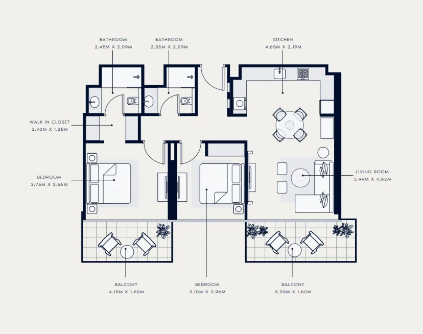 Azizi Venice 2 bed floor plan, 1,068 sqft