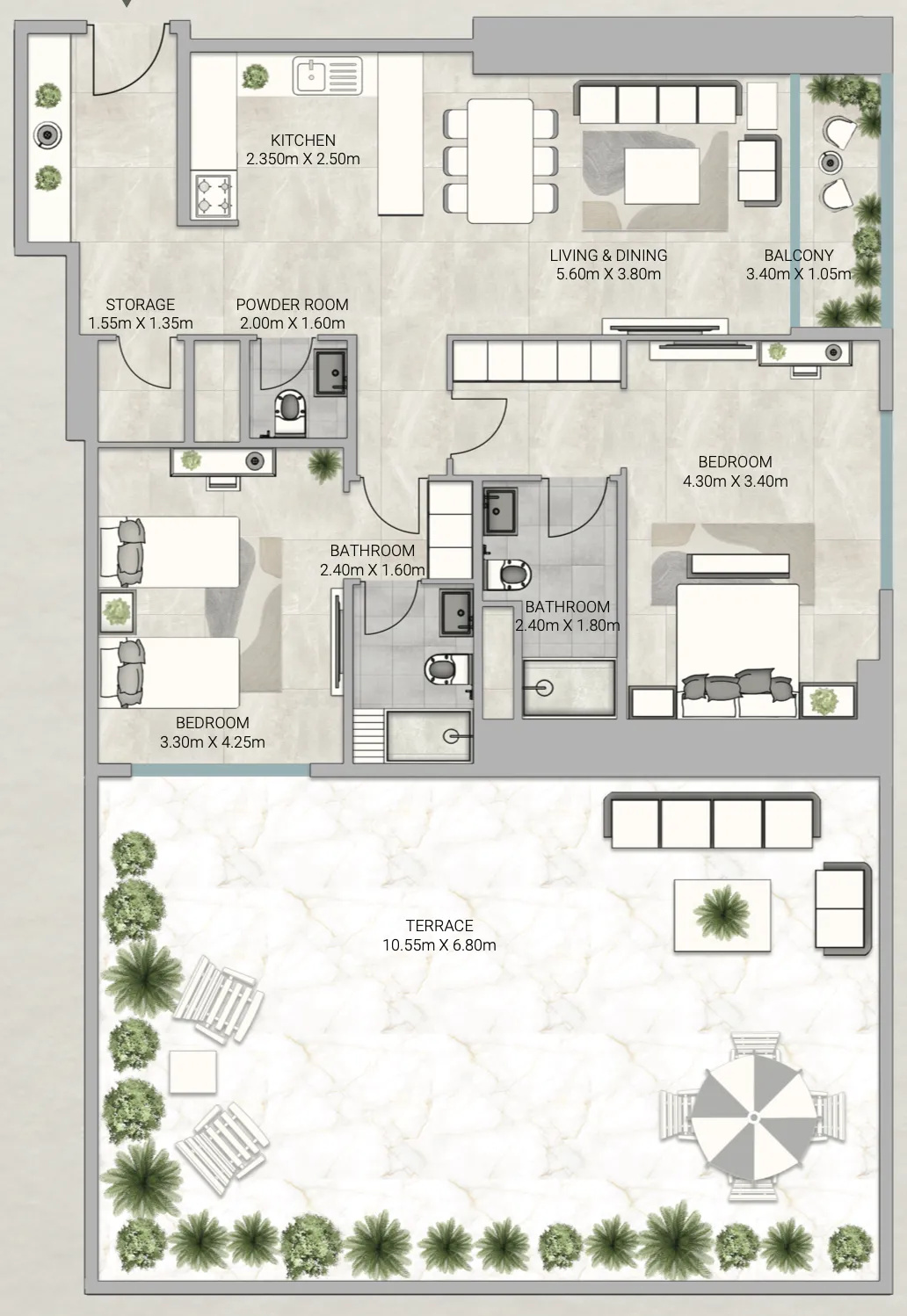 Sky Gardens Tower 2 bed floor plan, 2,720 sqft