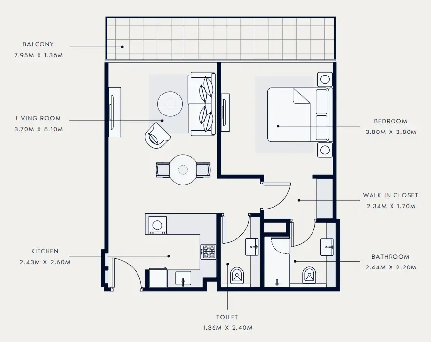 Azizi Grand  1 bed floor plan, 804 sqft
