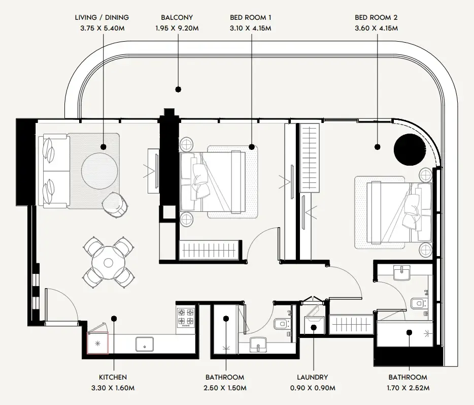 Azizi Milan 2 bed floor plan, 1,122 sqft