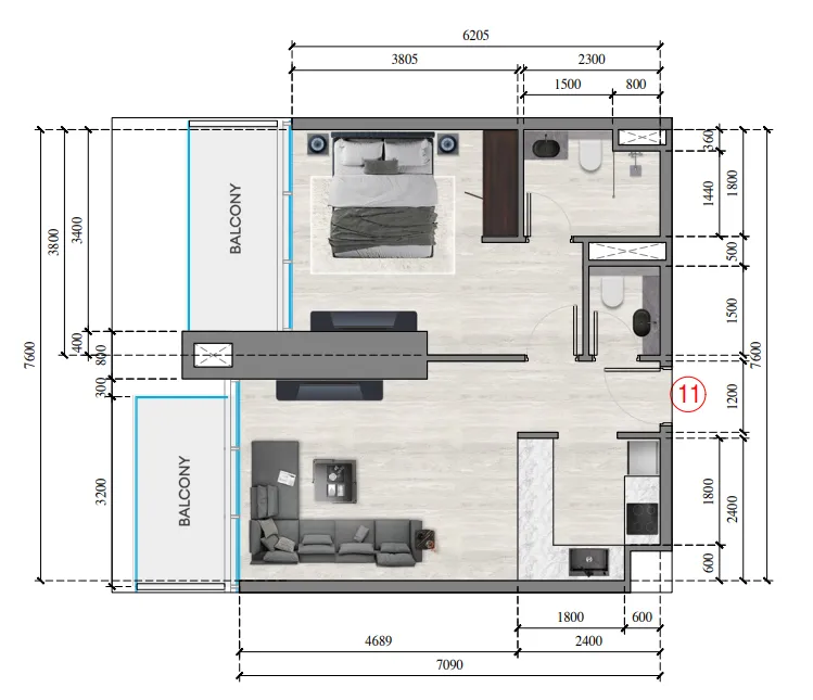 Auresta Tower 1 bed floor plan, 683 sqft