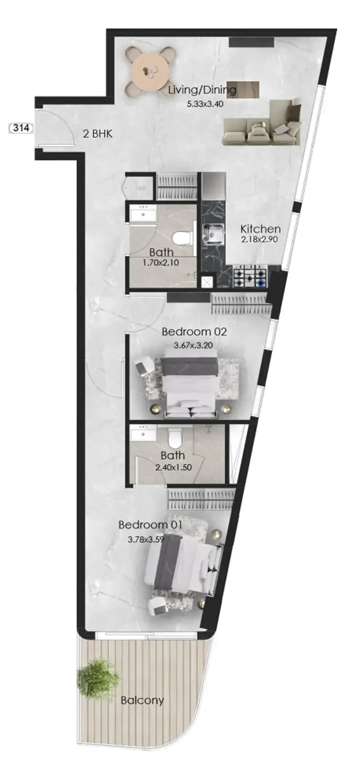 Aristo 2 bed floor plan, 859 sqft