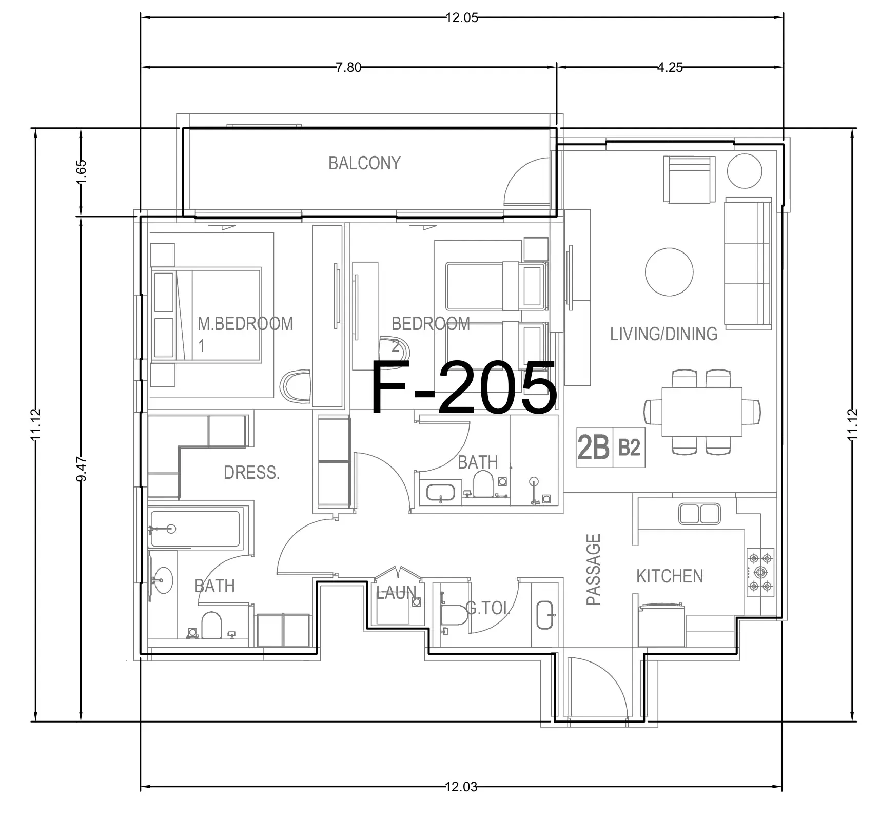 Hillside Residences 2 bed floor plan, 1,245 sqft