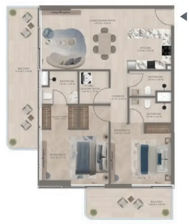 Meriden Beach Residences 2 bed floor plan, 1,360 – 1,371 sqft