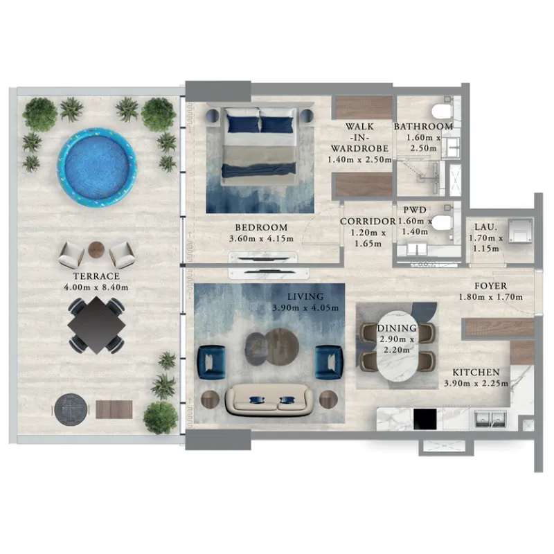Royal Yacht Club Residence 1 bed floor plan, 1,014 sqft