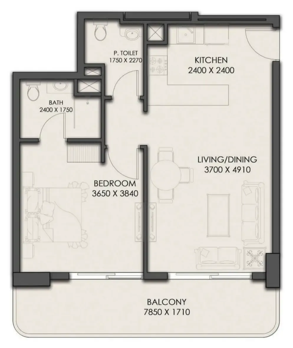 Park Residency 1 bed floor plan, 722 sqft