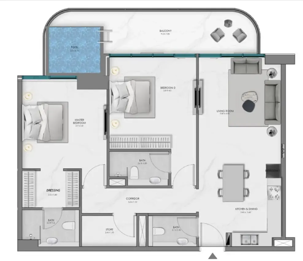 Samana Ocean Bay 2 bed floor plan, 1,241 sqft