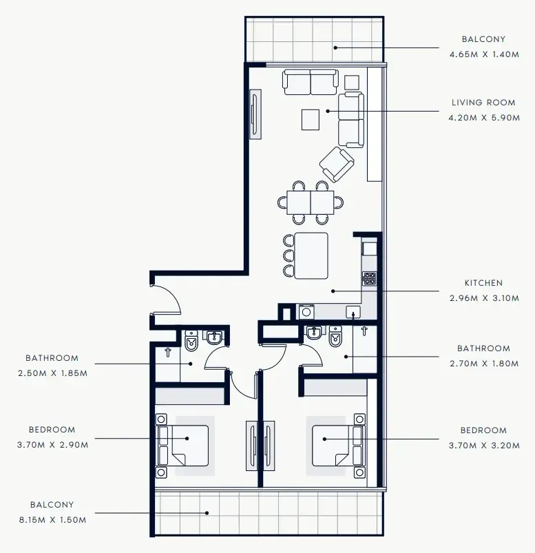 Riviera Rêve 2 bed floor plan, 1,233 sqft