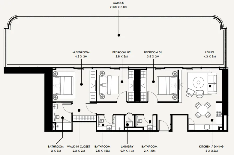 Azizi Milan 3 bed floor plan, 2,304 sqft