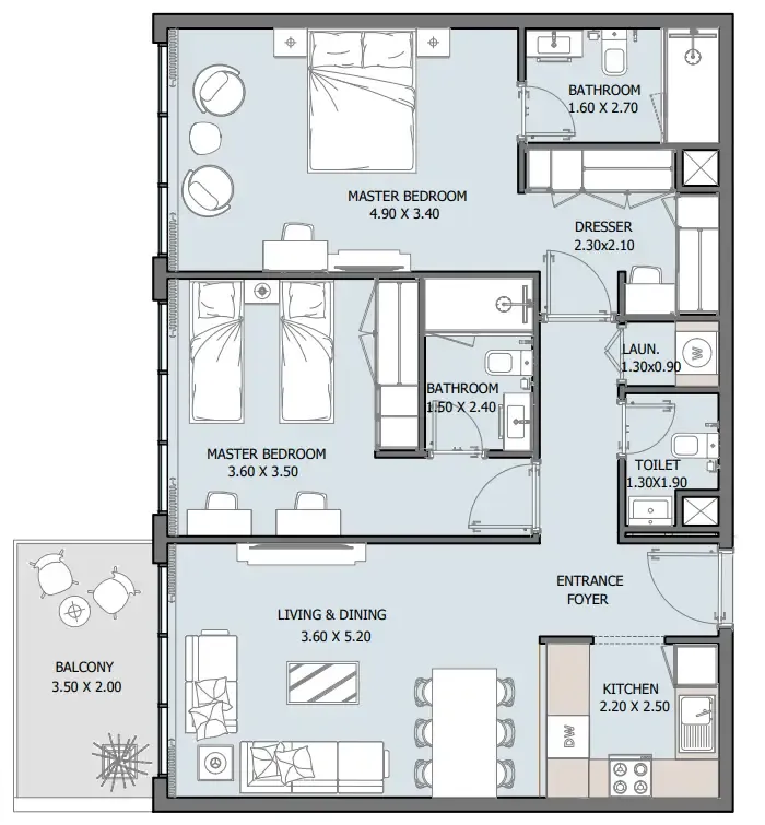 Oceana 2 bed floor plan, 1,019 sqft