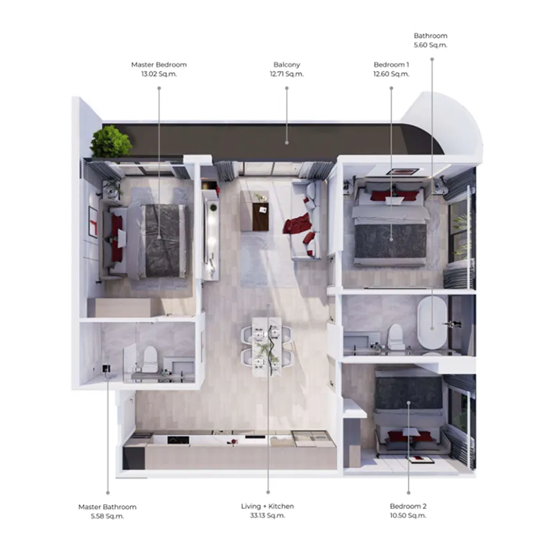 Wallaya Residence Nai Harn 3 bed floor plan, 1,012 sqft