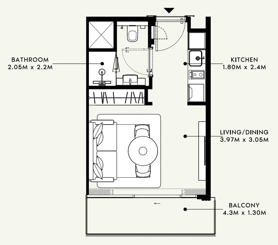 Azizi Milan Studio floor plan, 332 sqft