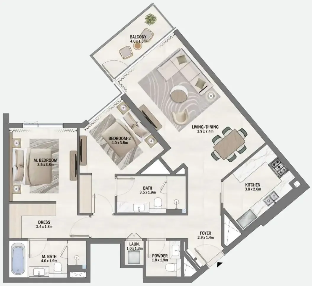 Beachfront Gates 2 bed floor plan, 1,335 sqft