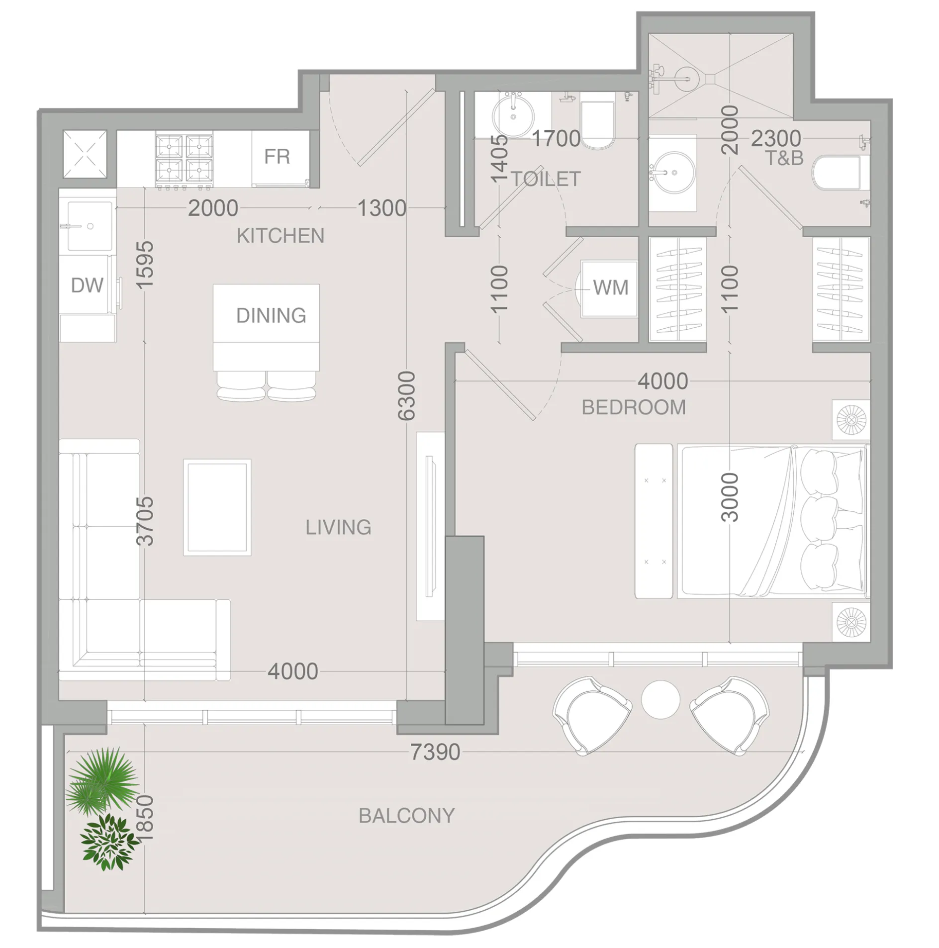 ALTA V1EW 1 bed floor plan, 725 sqft