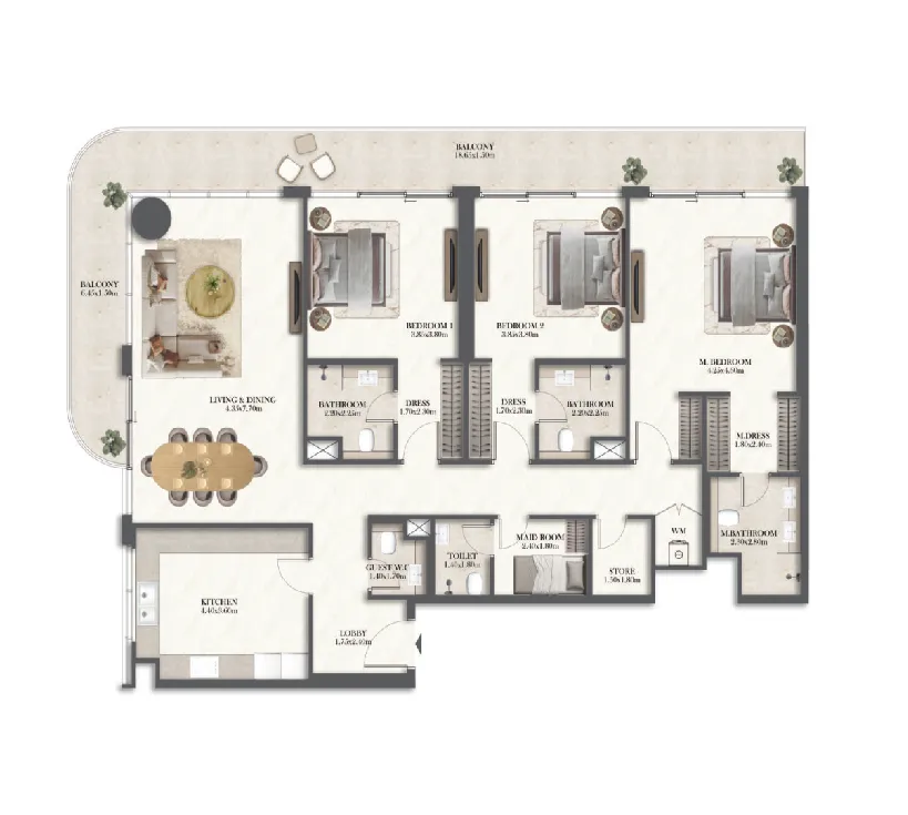 Rotana Residences North Tower 3 bed floor plan, 2,100 sqft