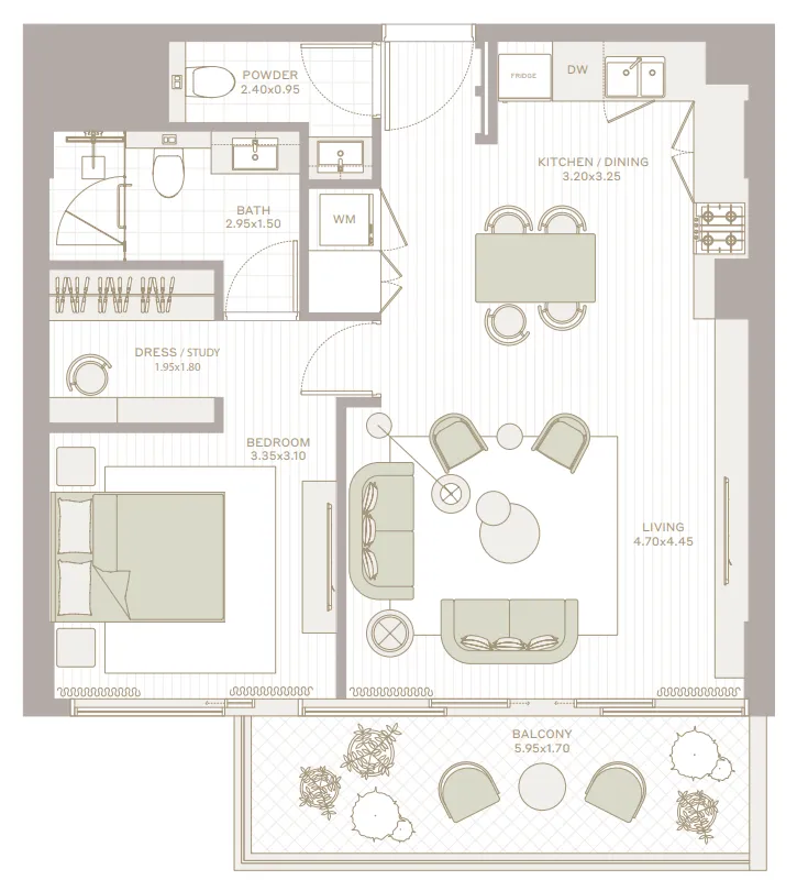Park Five 1 bed floor plan, 808 – 823 sqft