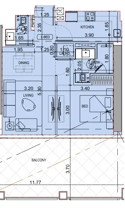 Binghatti Titania 1 bed floor plan, 842 sqft