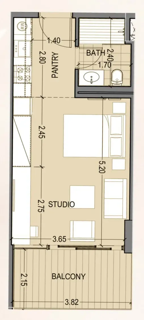 Celia Homes Studio floor plan, 443 sqft