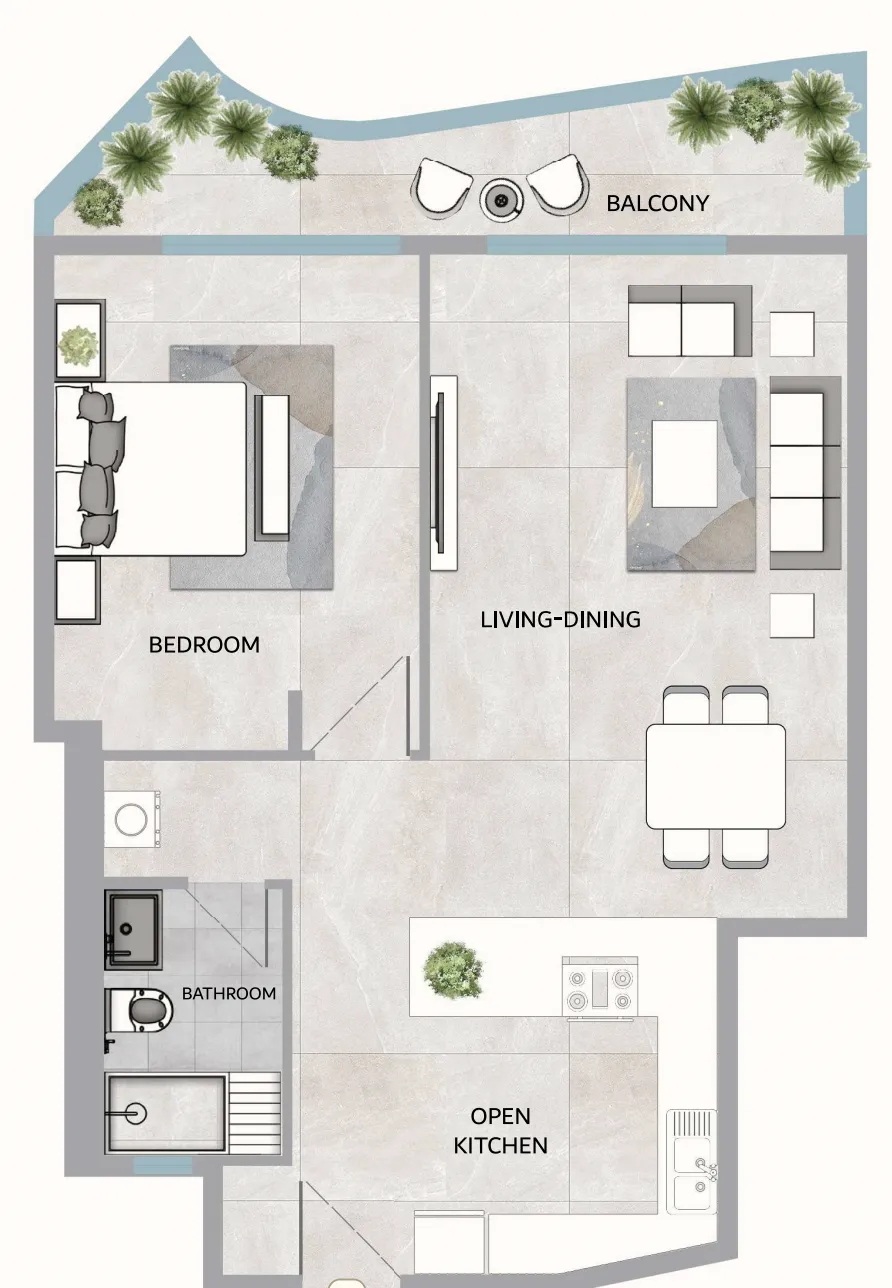 One 678 Residences 1 bed floor plan, 1,205 sqft