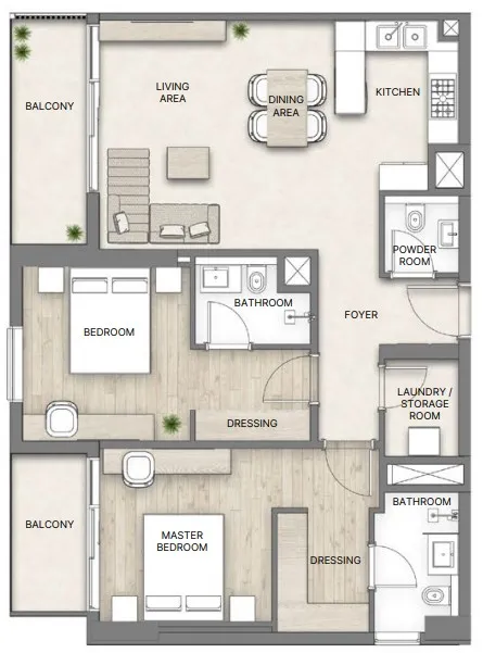 Al Hamra Greens 2 bed floor plan, 1,140 sqft