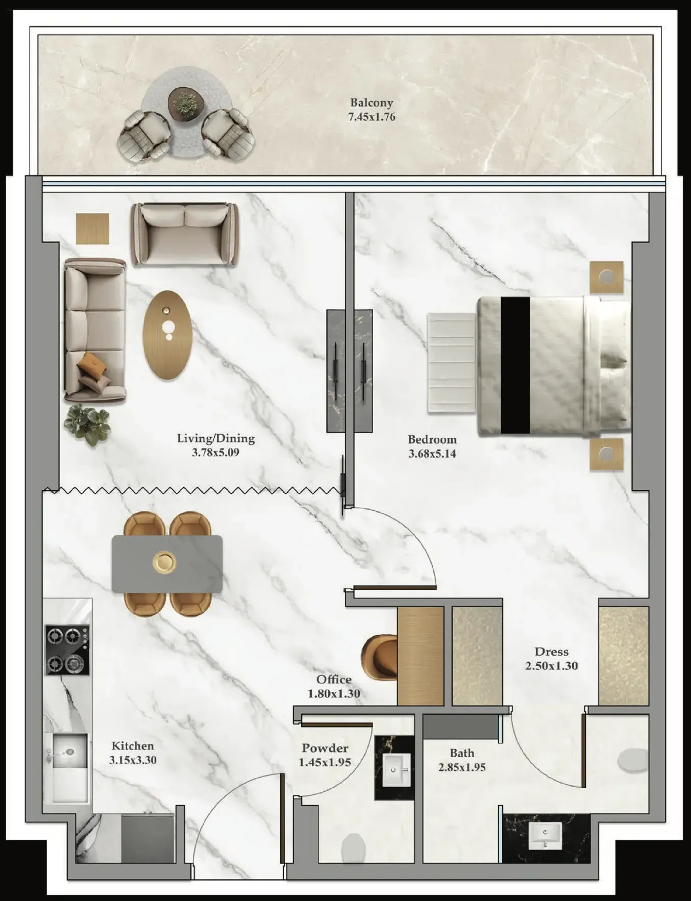 Bayz 102 1 bed floor plan, 750 sqft