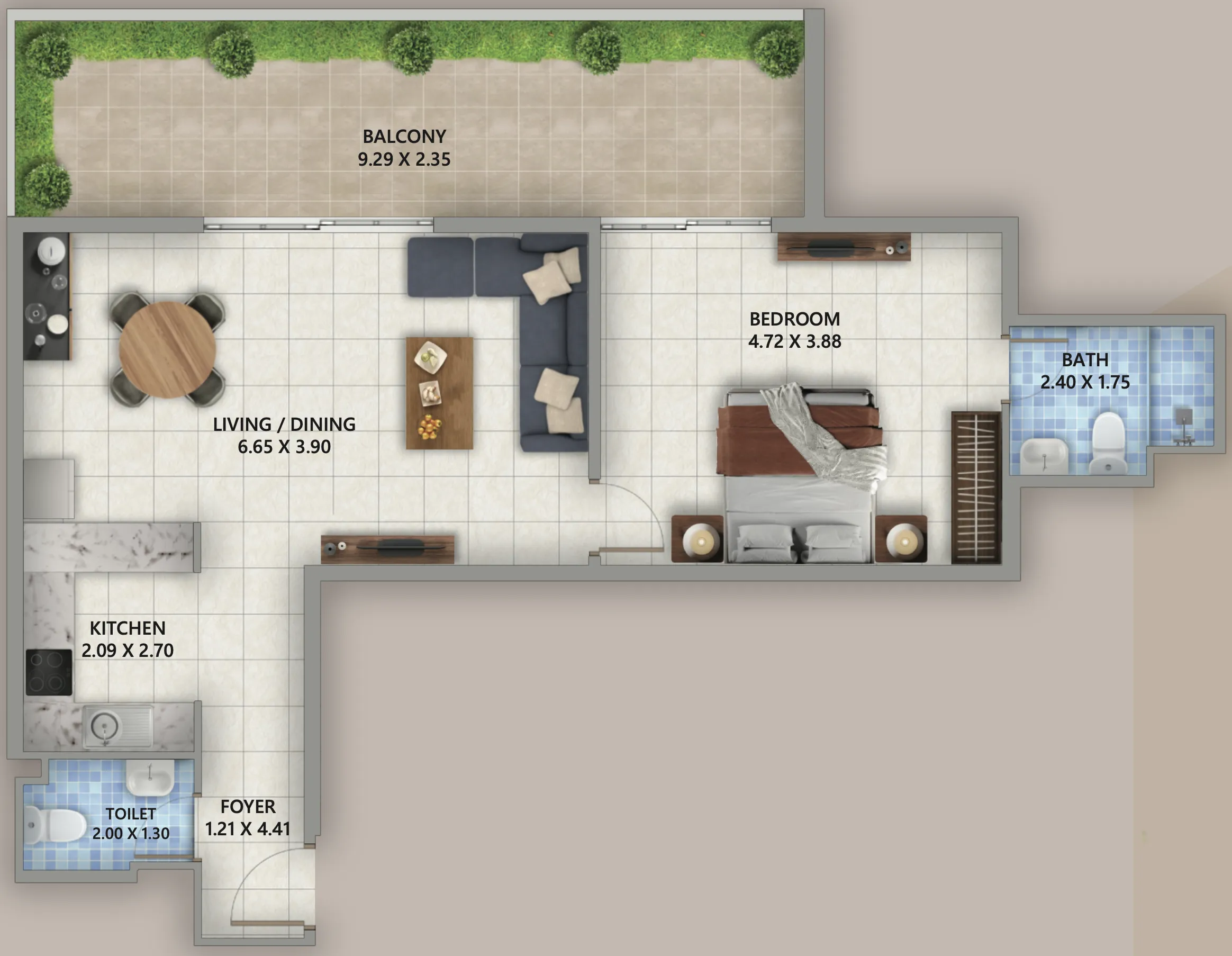 Linden Residences 1 bed floor plan, 966 sqft
