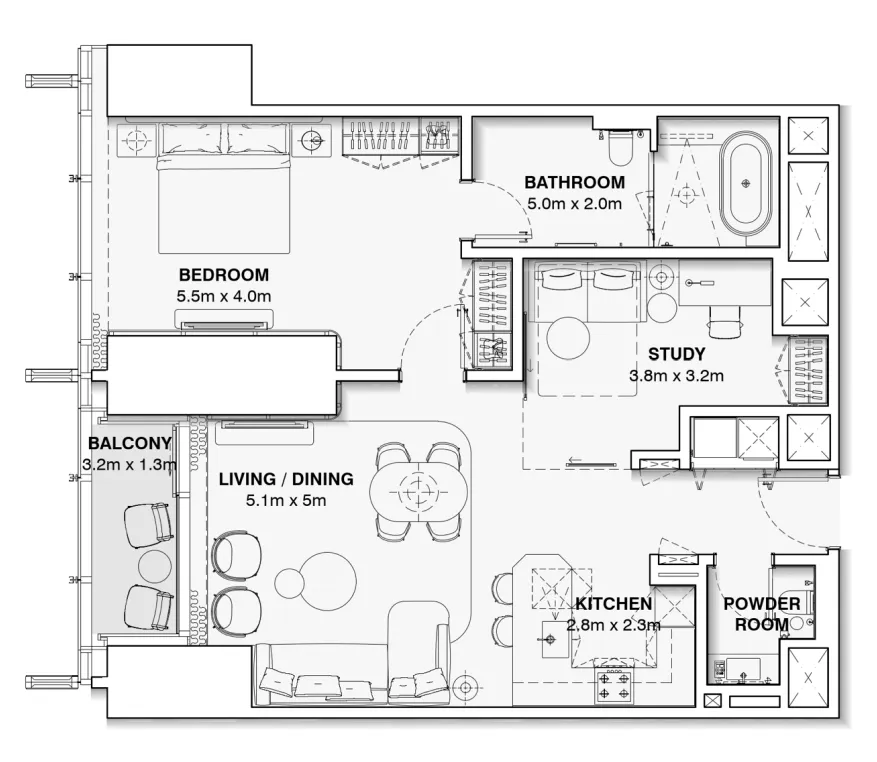 Burj Azizi 1 bed floor plan, 1,089 sqft