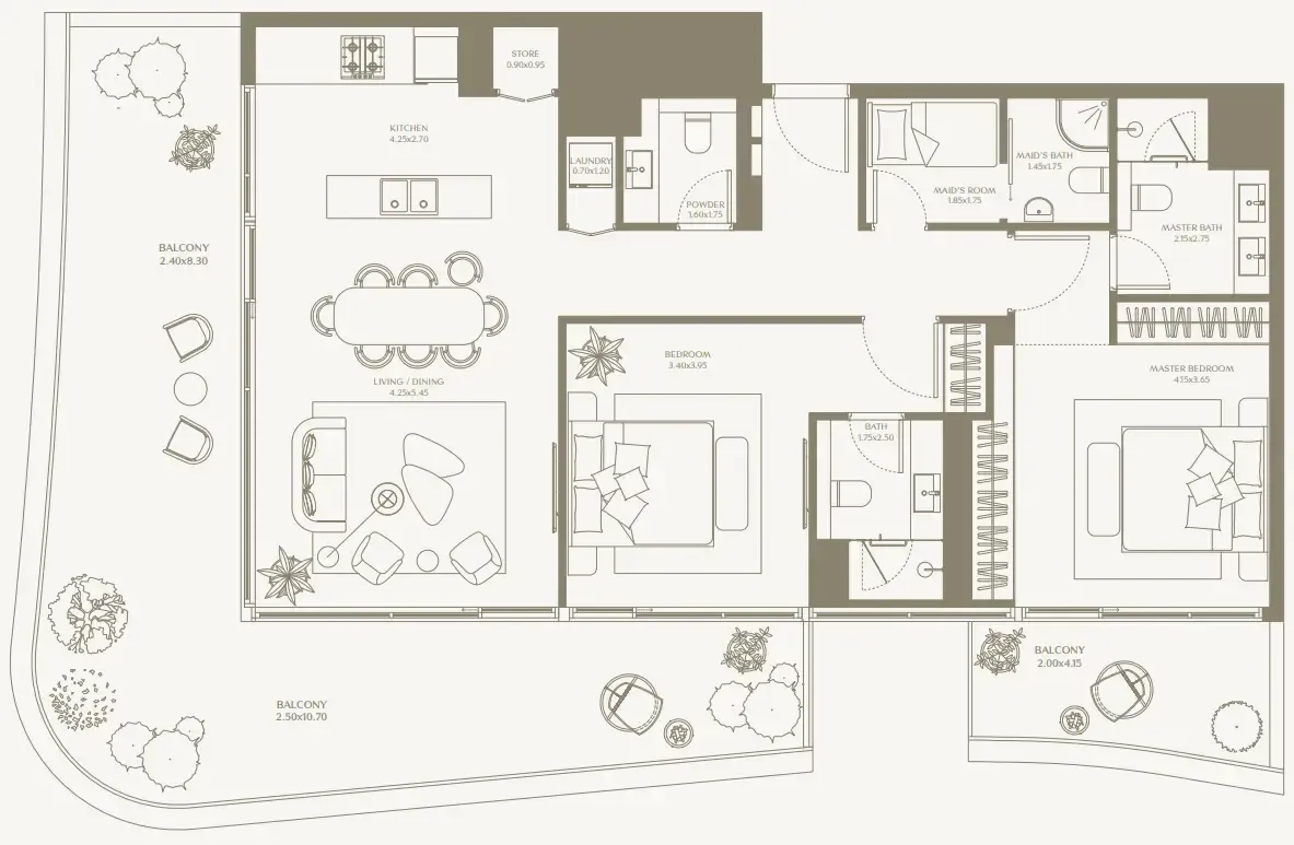 AYA Beachfront Residences 2 bed floor plan, 1,734 – 1,746 sqft