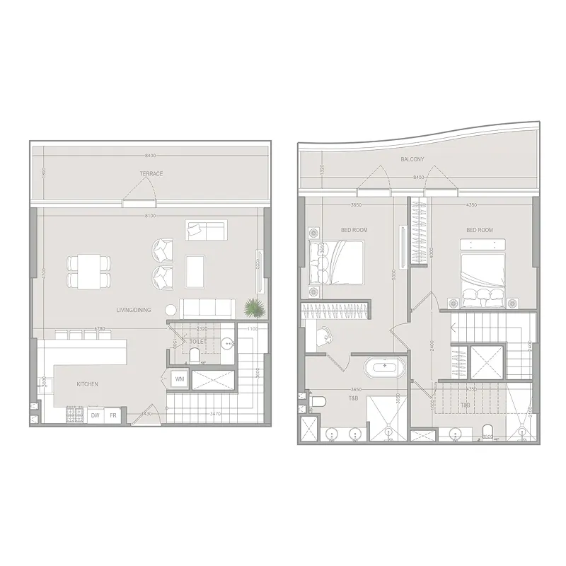 A1LA Residence 2 bed floor plan, 1,745 sqft