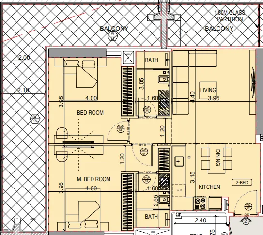 Binghatti Starlight 2 bed floor plan, 1,366 sqft