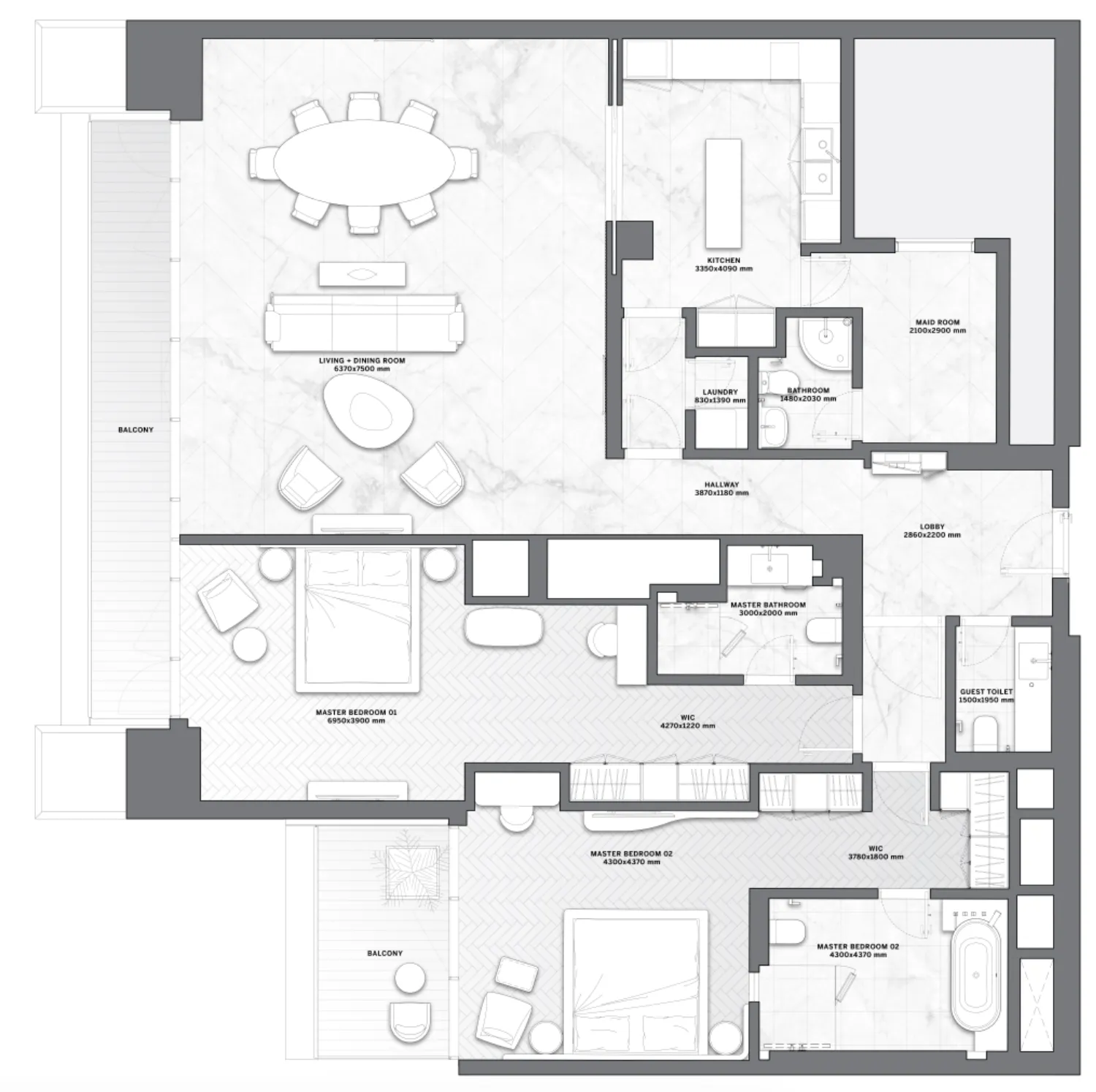 DaVinci 2 bed floor plan, 2,063 – 2,092 sqft