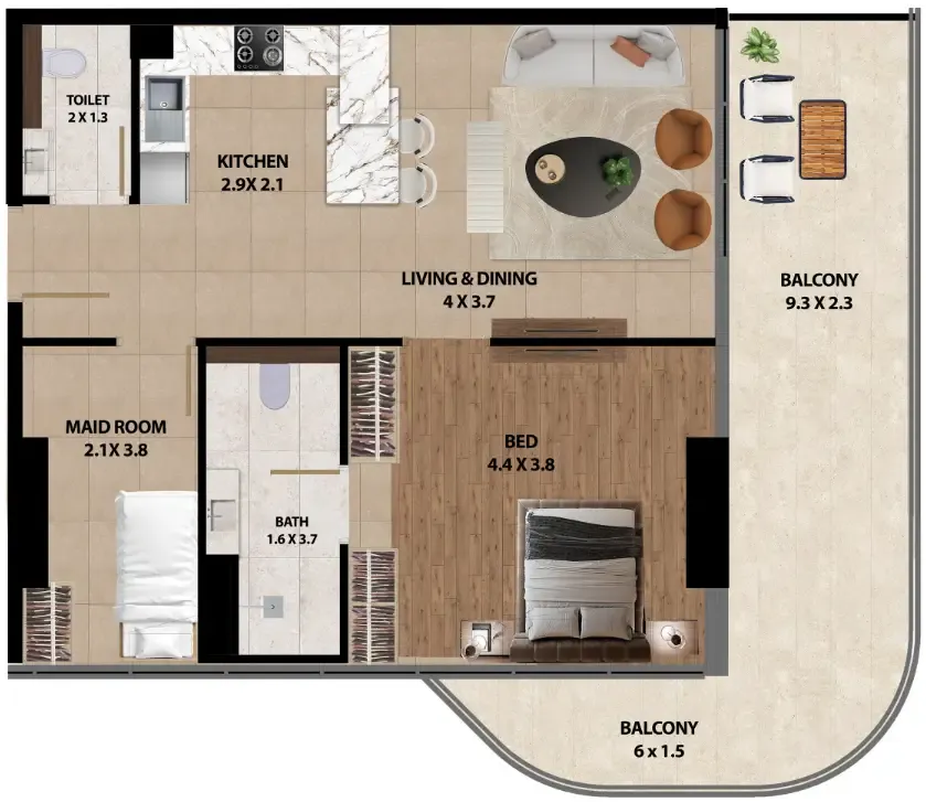 Marquis One 1 bed floor plan, 968 sqft