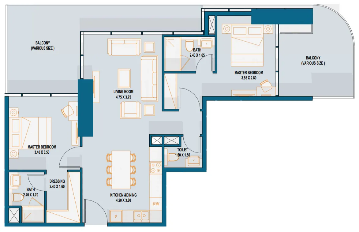Reportage Tower 2 bed floor plan, 1,289 – 1,291 sqft