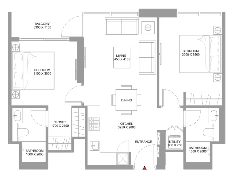 Coastline Beach Residences 2 bed floor plan, 776 – 777 sqft