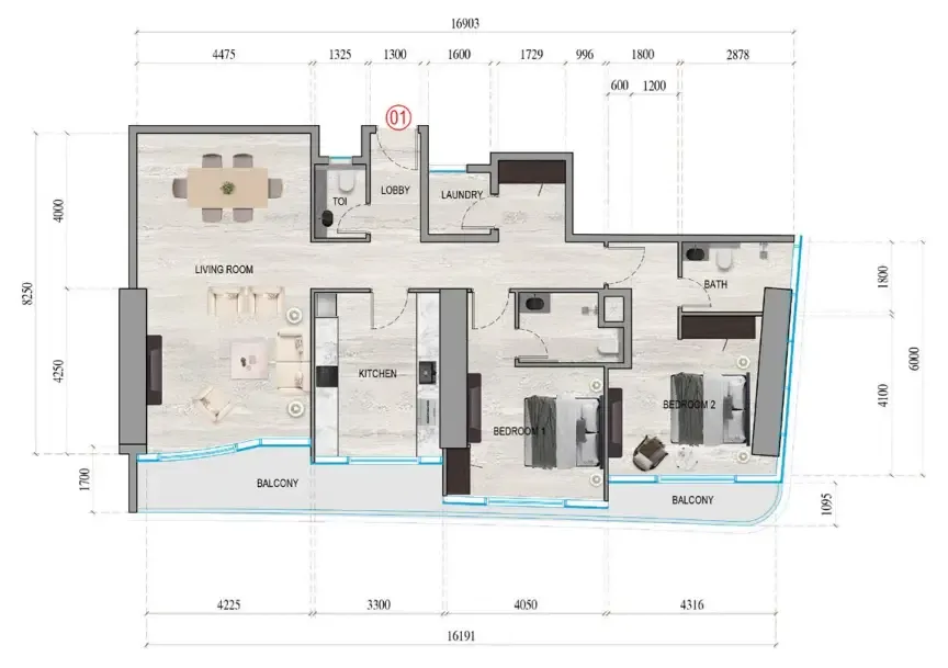 Al Ghaf Tower 2 bed floor plan, 1,609 sqft