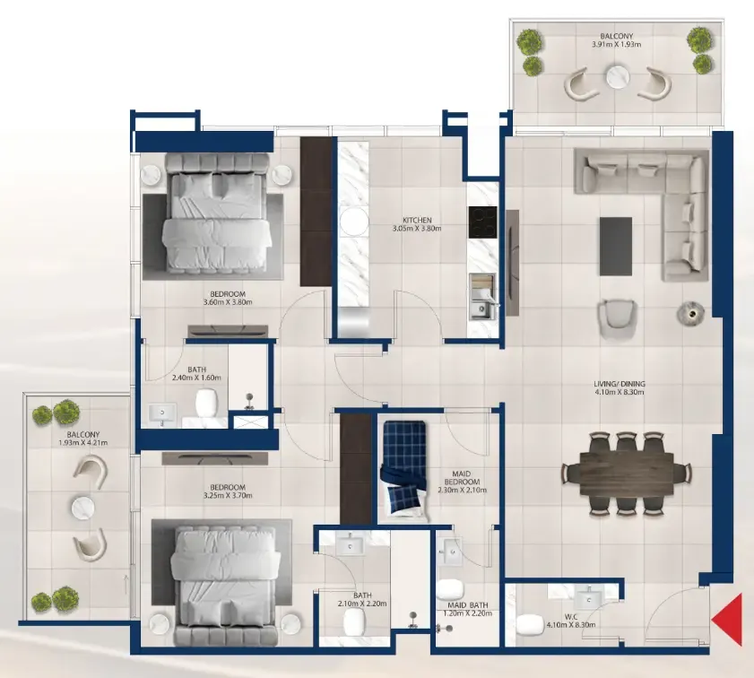 Al Vista 2 bed floor plan, 1,330 sqft