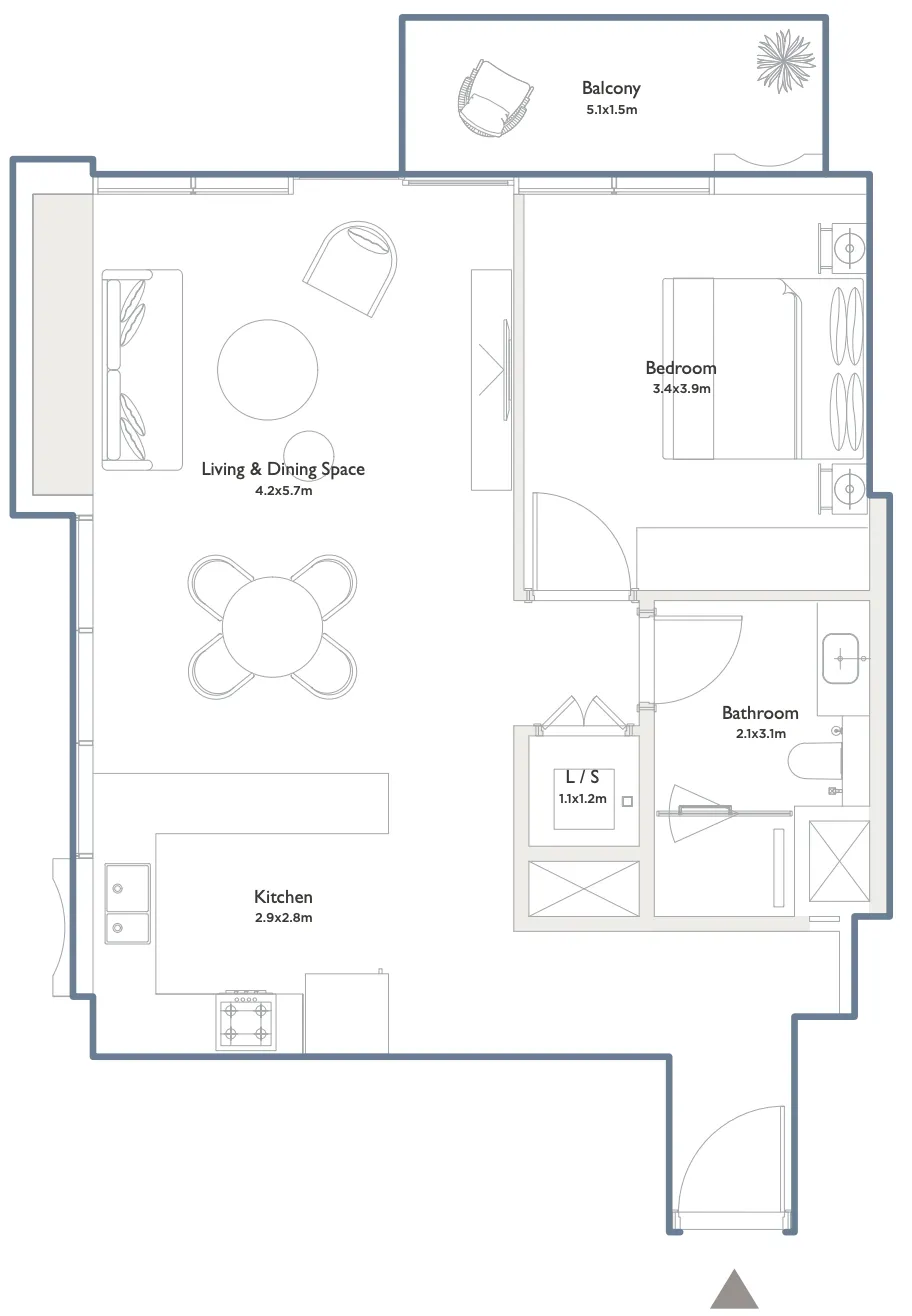 Serenia District West Residence 1 bed floor plan, 895 sqft