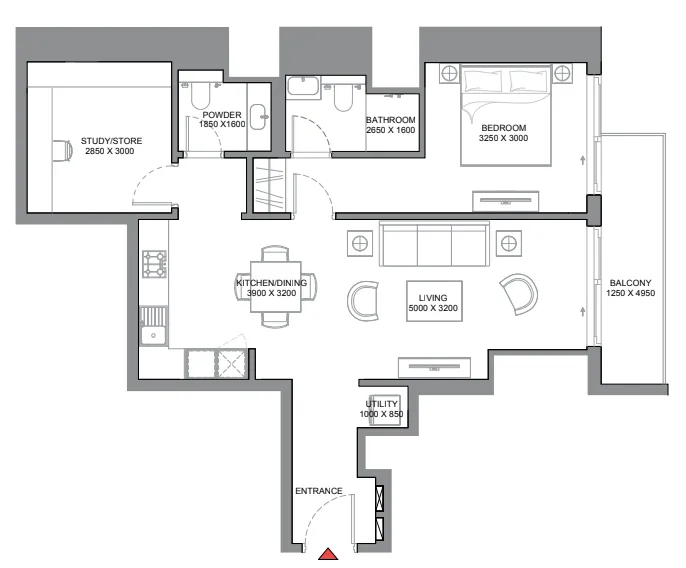 340 Riverside Crescent 1 bed floor plan, 894 sqft
